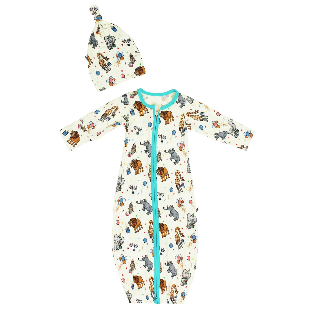 Birthday Party Animals Take the Cake Newborn Gown & Knot Hat Set
