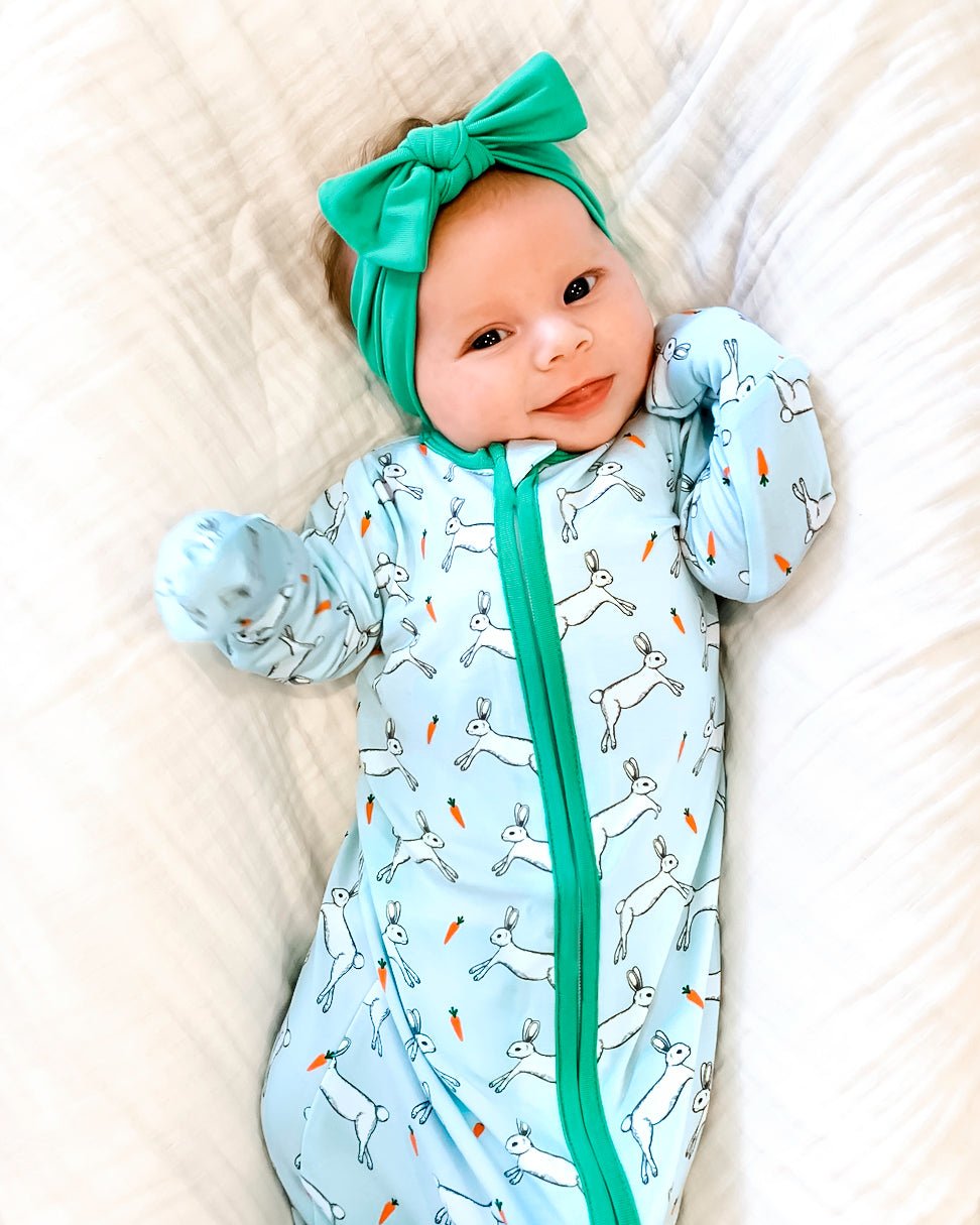 Powder Blue Bunnies Newborn Gown & Knot Hat Set