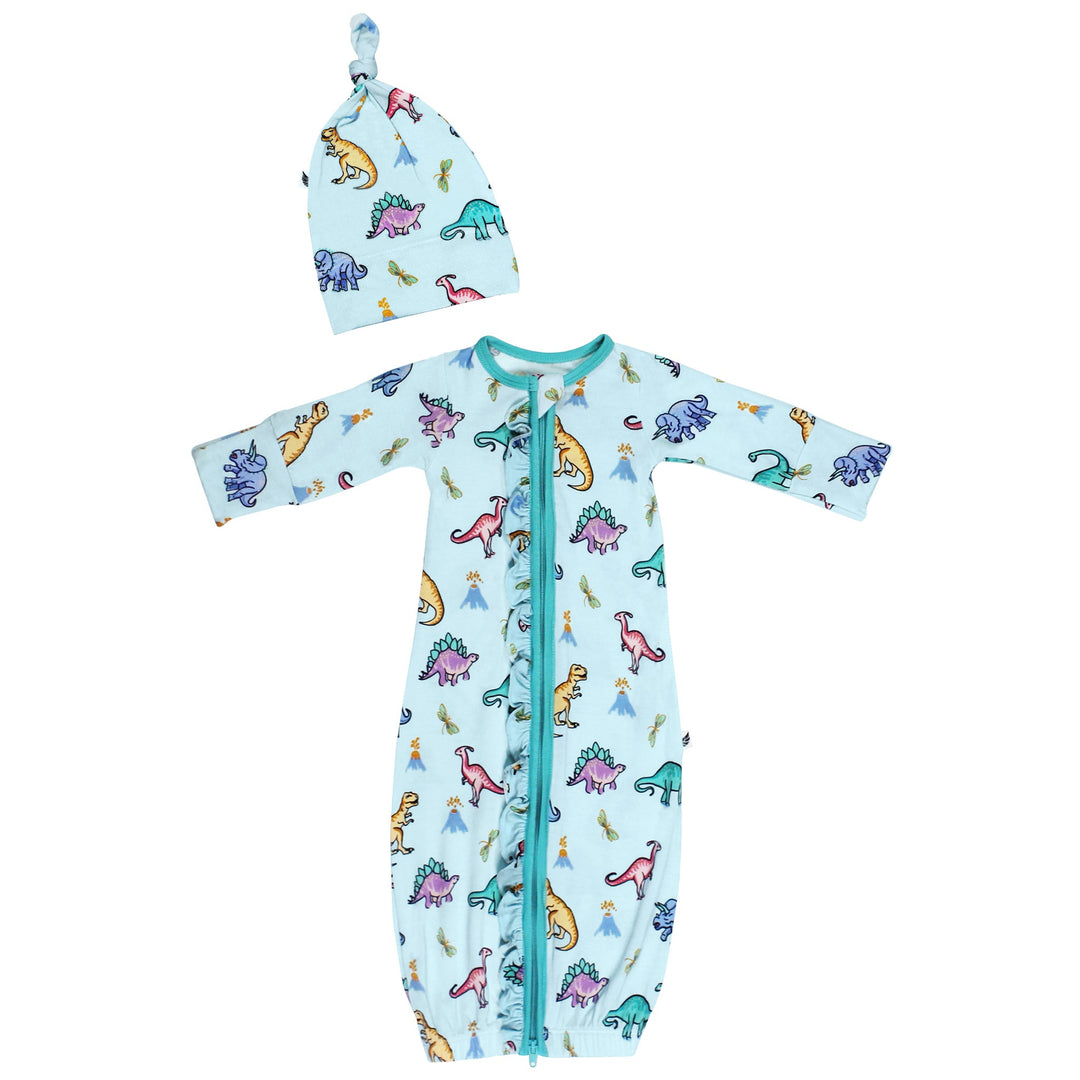 Rawr Your World Dinos & Dragonflies Ruffle Newborn Gown & Knot Hat Set