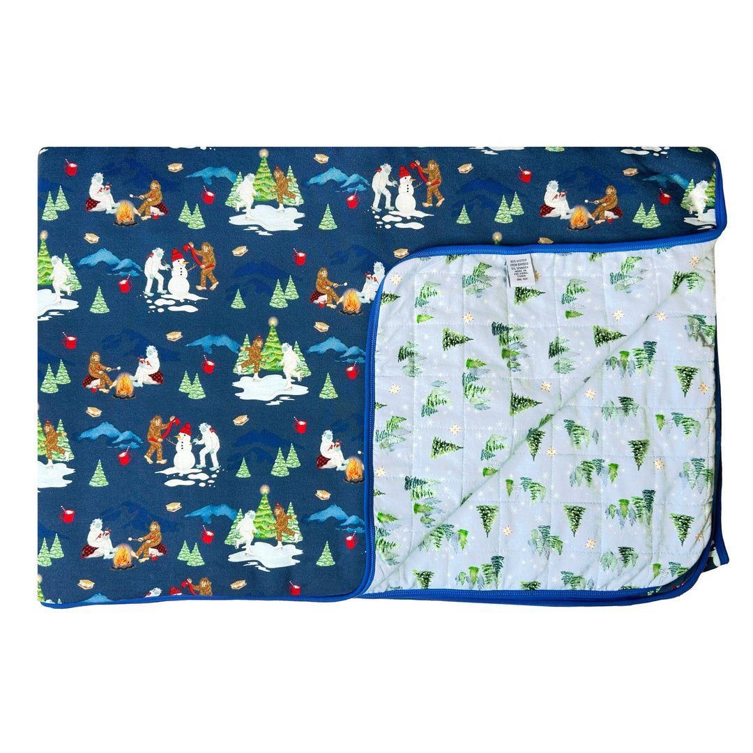 Bigfoot & Yeti Winter Wonderland / Twinkling Dream of Trees & Lights Quilted Throw Blanket - Free Birdees