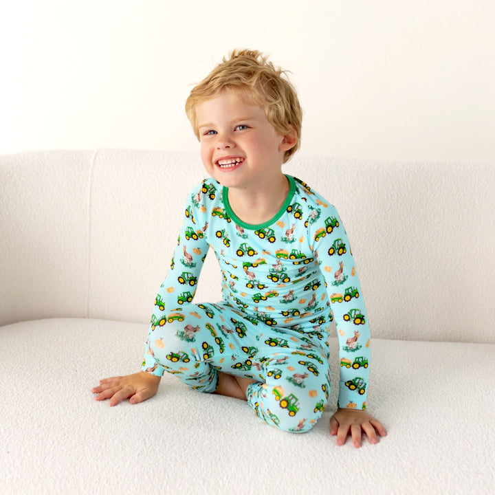 Free Birdees Green Tractors Long Sleeve Pajama Set (2T - 12Y) - Free Birdees