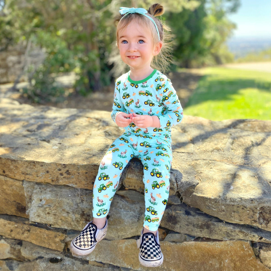 Free Birdees Green Tractors Long Sleeve Pajama Set (2T - 12Y) - Free Birdees