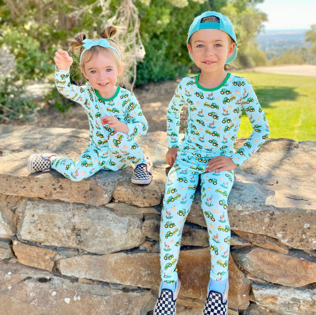 Free Birdees Green Tractors Long Sleeve Pajama Set (2T - 12Y) - Free Birdees