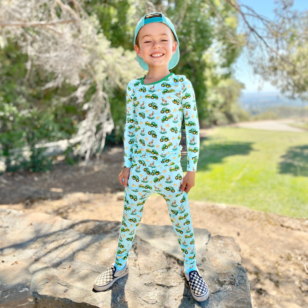 Free Birdees Green Tractors Long Sleeve Pajama Set (2T - 12Y) - Free Birdees