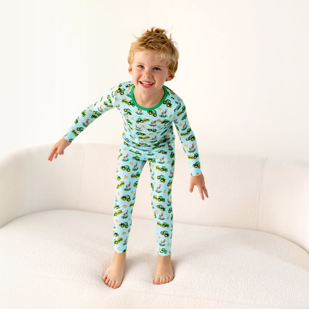 Free Birdees Green Tractors Long Sleeve Pajama Set (2T - 12Y) - Free Birdees