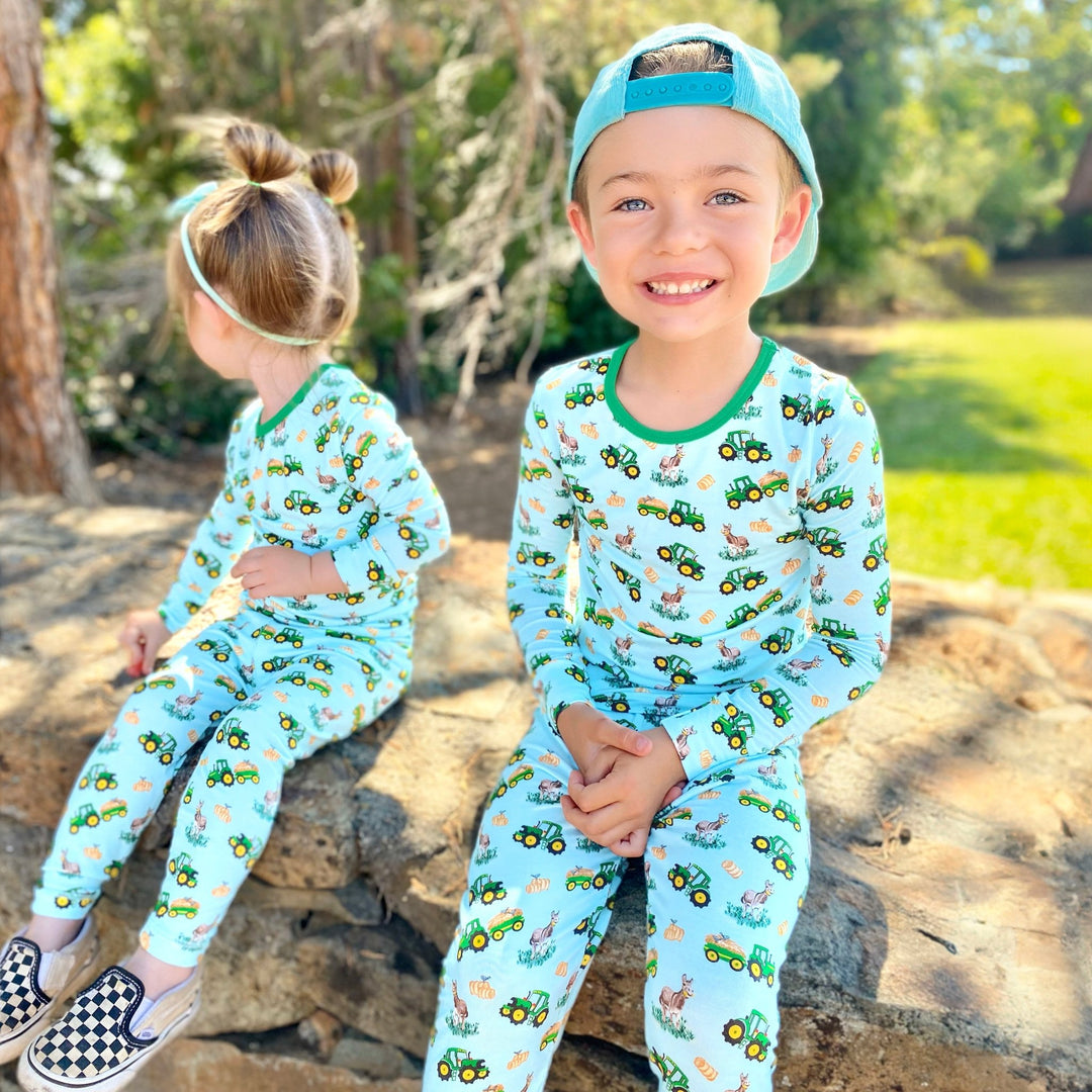 Free Birdees Green Tractors Long Sleeve Pajama Set (2T - 12Y) - Free Birdees