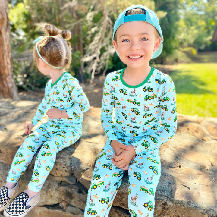 Free Birdees Green Tractors Long Sleeve Pajama Set (2T - 12Y) - Free Birdees