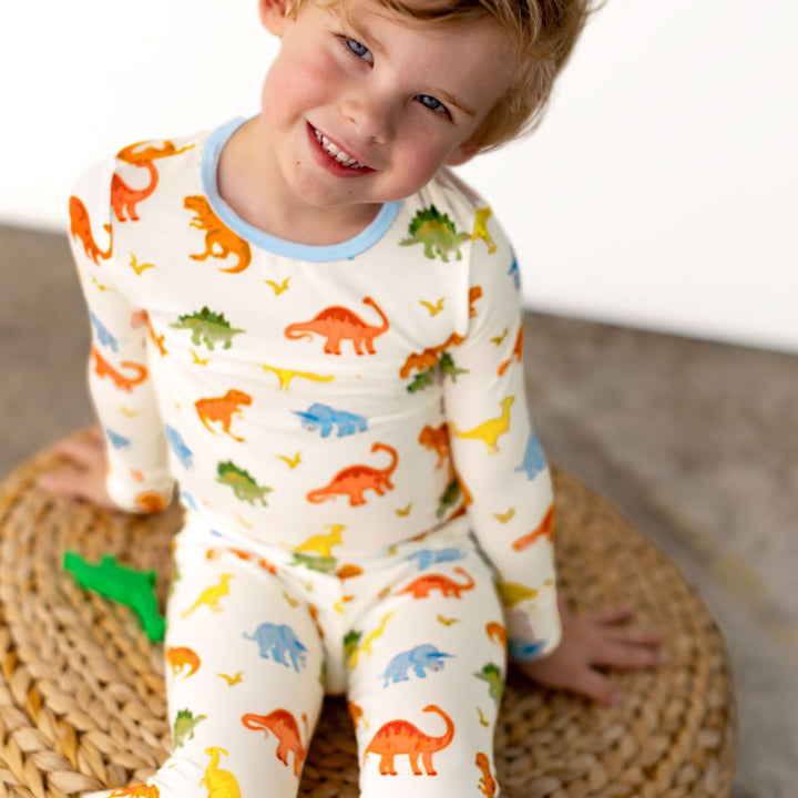 Powder Blue Jurassic Crew Long Sleeve Pajama Set (2T - 12Y) - Free Birdees