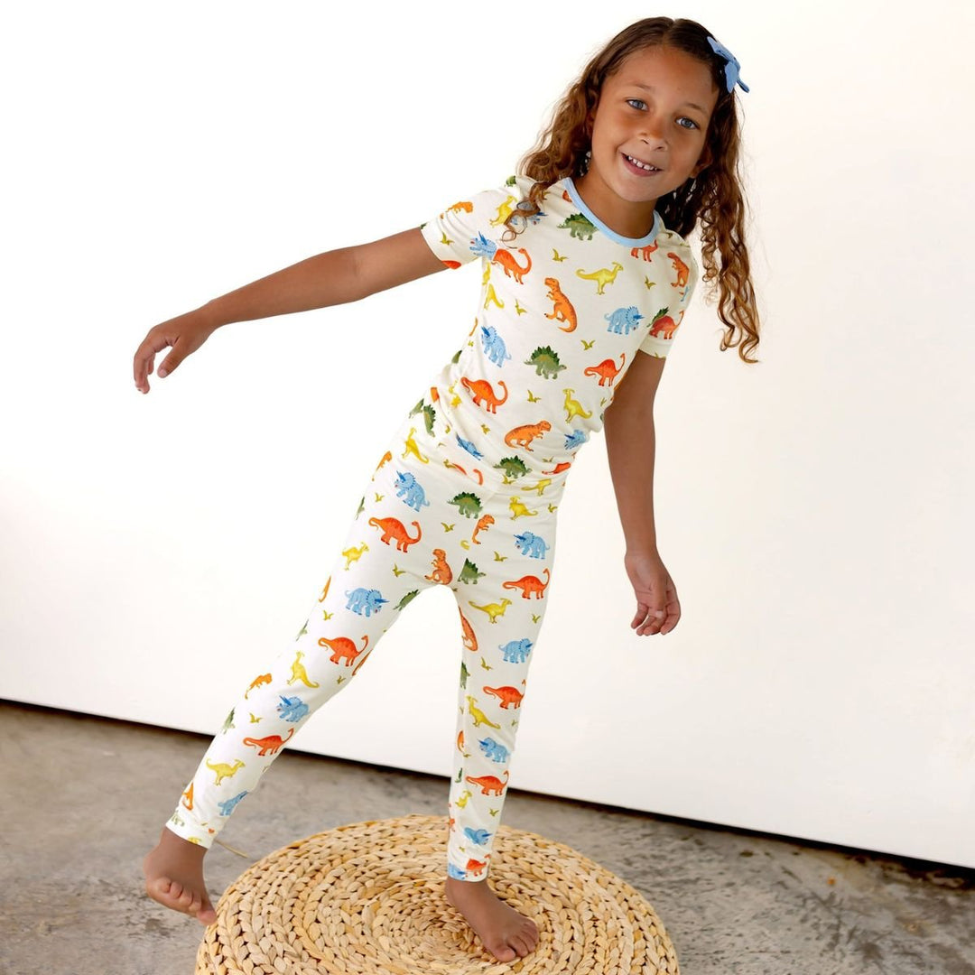 Powder Blue Jurassic Crew Short Sleeve Pajama Set (2T - 12Y) - Free Birdees