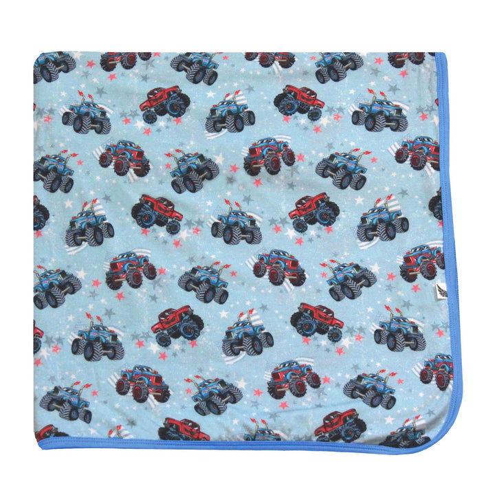 Red, White & Vroom Monster Trucks Swaddling Blanket - Free Birdees