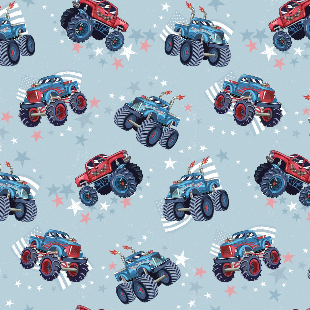 Red, White & Vroom Monster Trucks Swaddling Blanket - Free Birdees