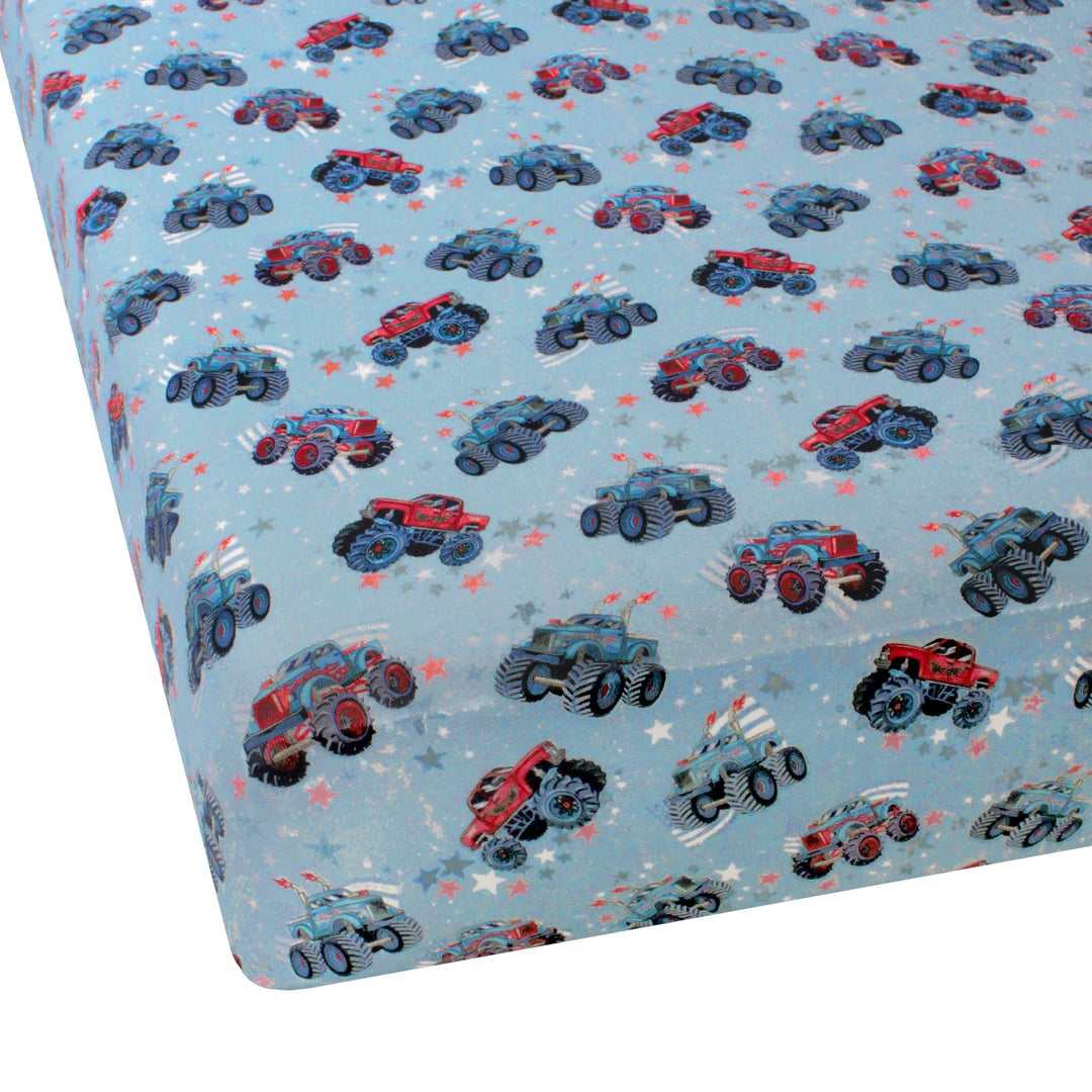 Red, White & Vroom Monster Trucks Twin Fitted Sheet - Free Birdees