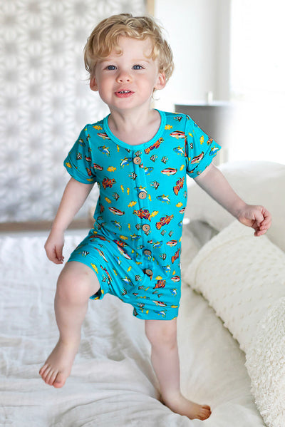 Calypso Fish Short Two-Way Zippy Romper with Faux Buttons (2T-3T)
