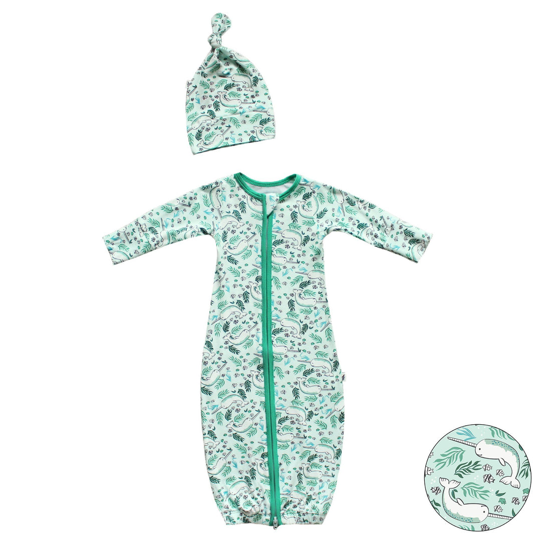 Aquamarine Narwhals Newborn Gown & Knot Hat Set