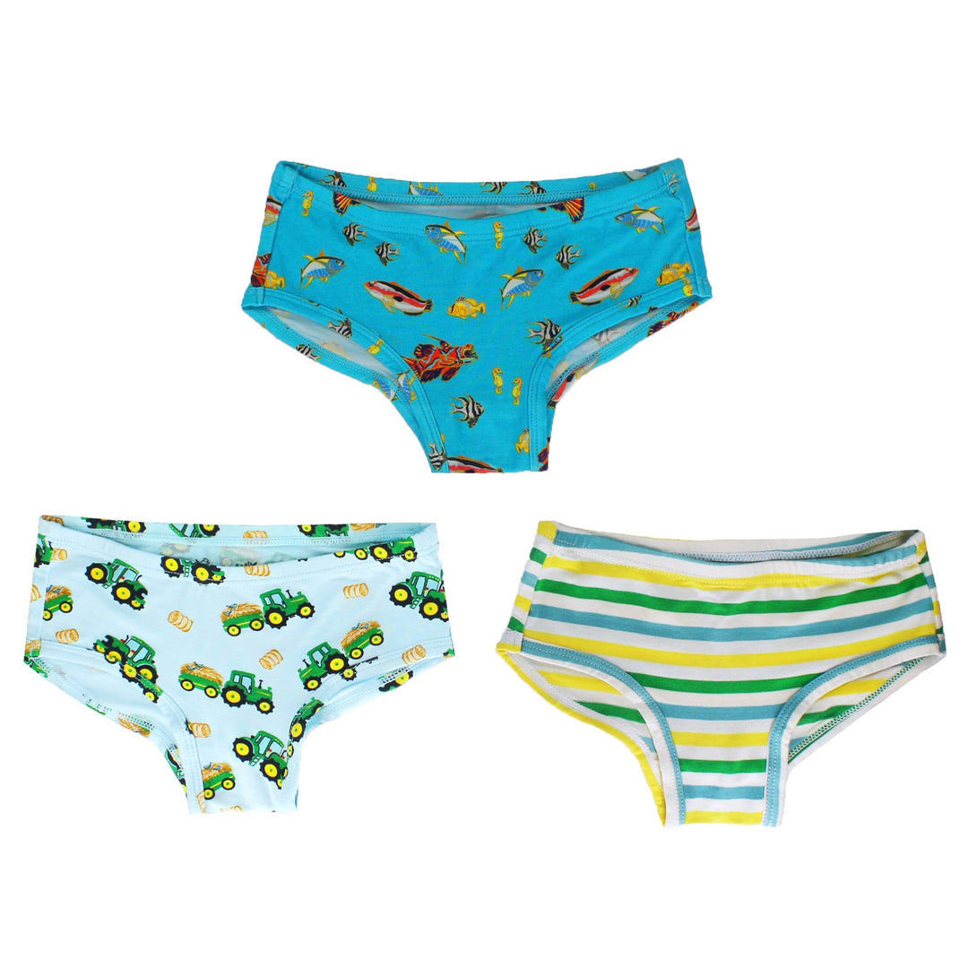 Free Birdees Girls Underwear Set of 3 - Tractors/Fish/Stripe 7/8 -- Made with Softest Bamboo Viscose for Kids
