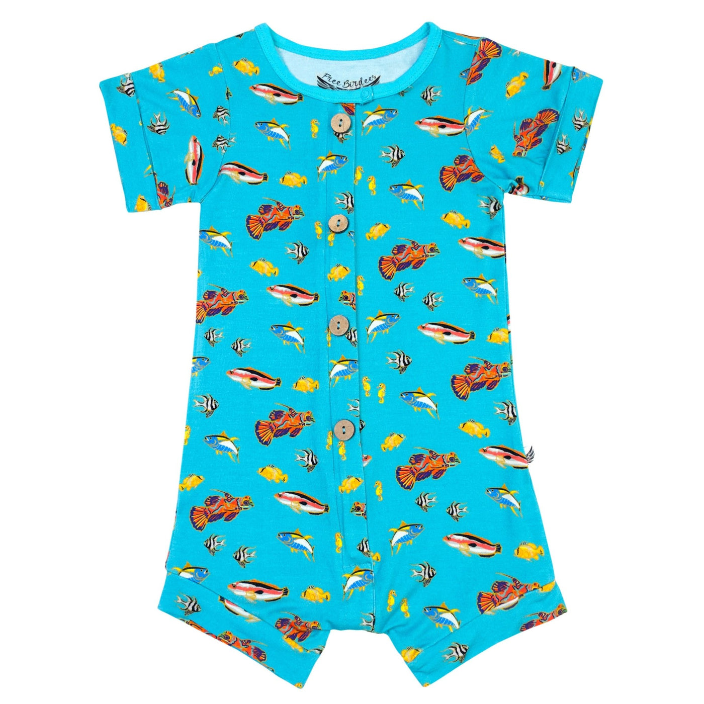 Calypso Fish Short Two-Way Zippy Romper with Faux Buttons (0-24m) - Free Birdees