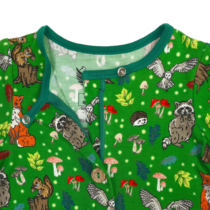 Enchanted Forest Woodland Animals Short Two-Way Zippy Romper with Faux Buttons (0-24m)