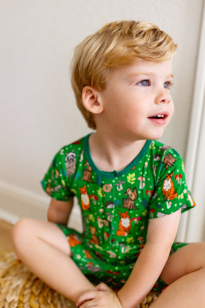 Enchanted Forest Woodland Animals Short Two-Way Zippy Romper with Faux Buttons (0-24m) - Free Birdees