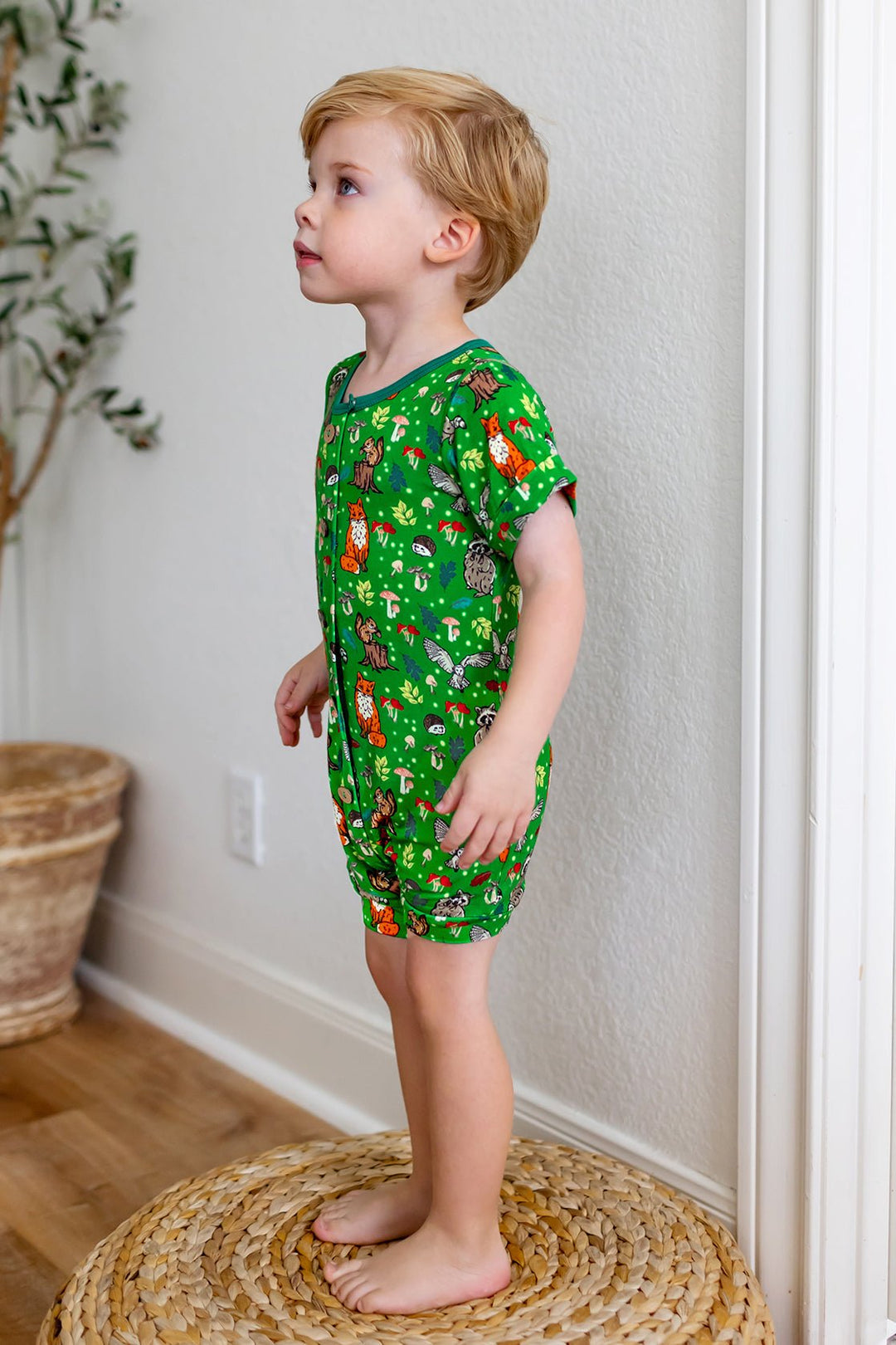 Enchanted Forest Woodland Animals Short Two-Way Zippy Romper with Faux Buttons (2T-3T)