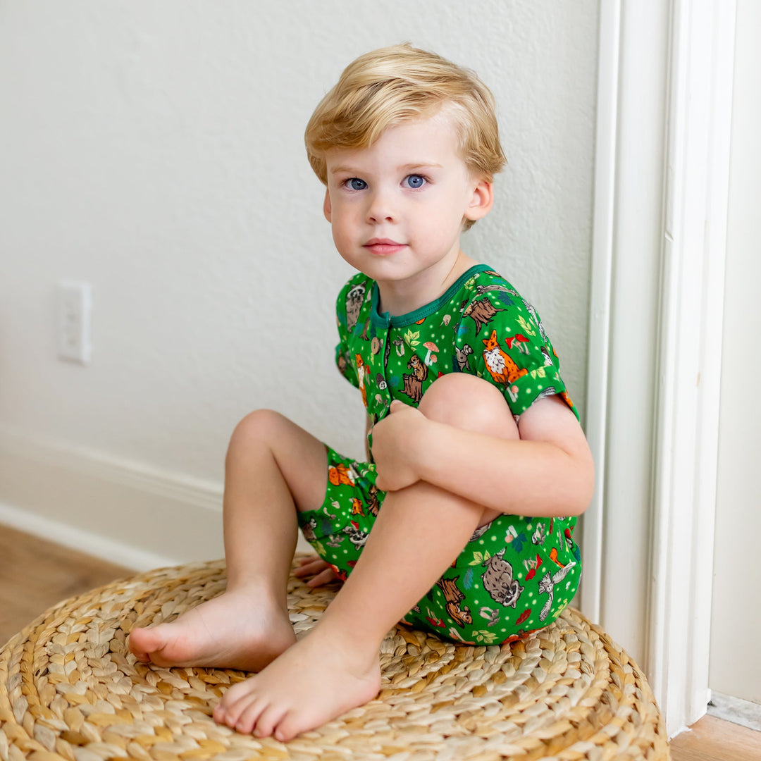Enchanted Forest Woodland Animals Short Two-Way Zippy Romper with Faux Buttons (2T-3T)
