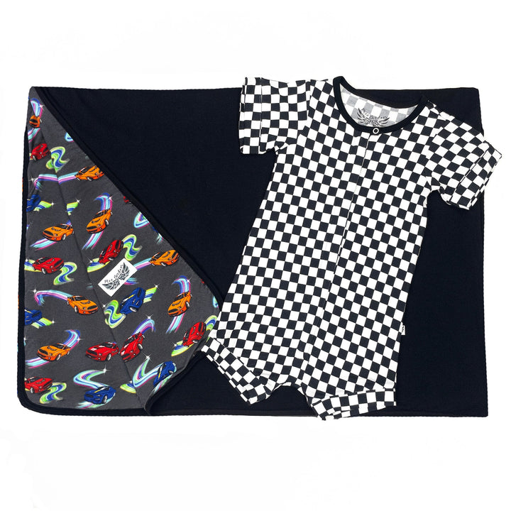 Finish Line Checkers Short Two-Way Zippy Romper (0-24m)