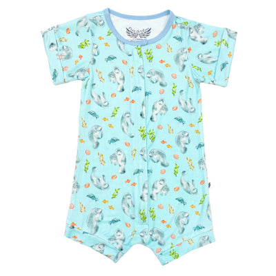Get Your Float on Manatees Short Two-Way Zippy Romper (0-24m) - Free Birdees