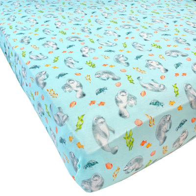 Get Your Float on Manatees Twin Fitted Sheet (w elastic straps to keep the sheet in place) - Free Birdees
