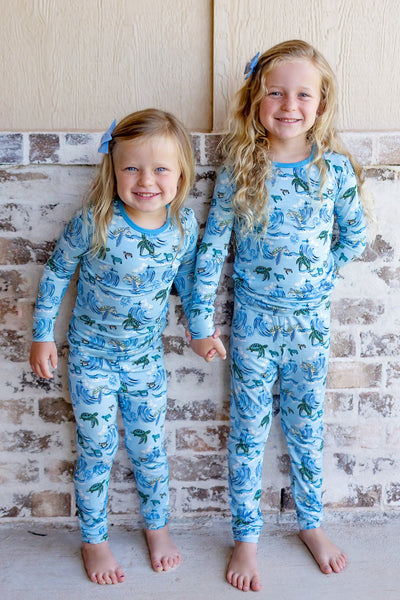 Go with the Flow Sea Turtles Long Sleeve Pajama Set (2T-12Y) - Free Birdees