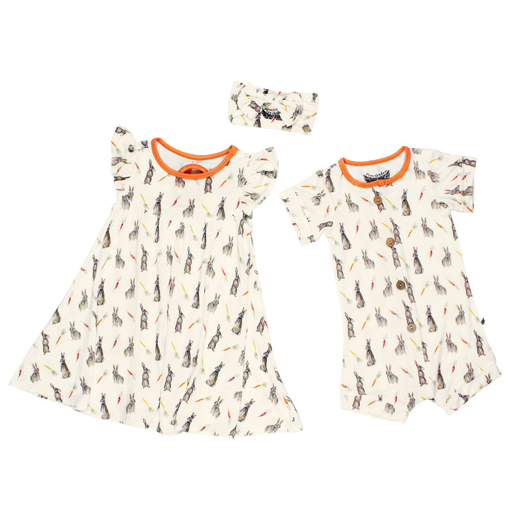 Hoppin’ Bunnies & Carrot Patch Short Two-Way Zippy Romper with Faux Buttons (2T-3T)