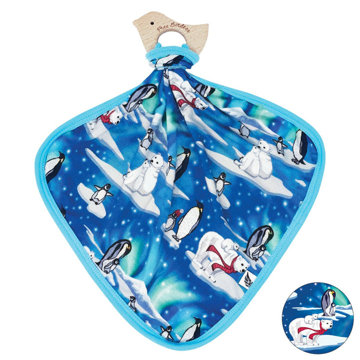 Northern Lights, Polar Bears & Penguins Lovey with Wooden Teether