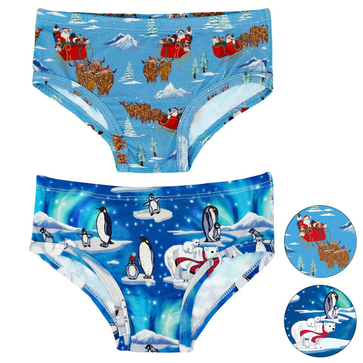 Northern Lights, Polar Bears & Penguins/Santa & Highland Cattle Sleighs Girls Underwear Set of 2