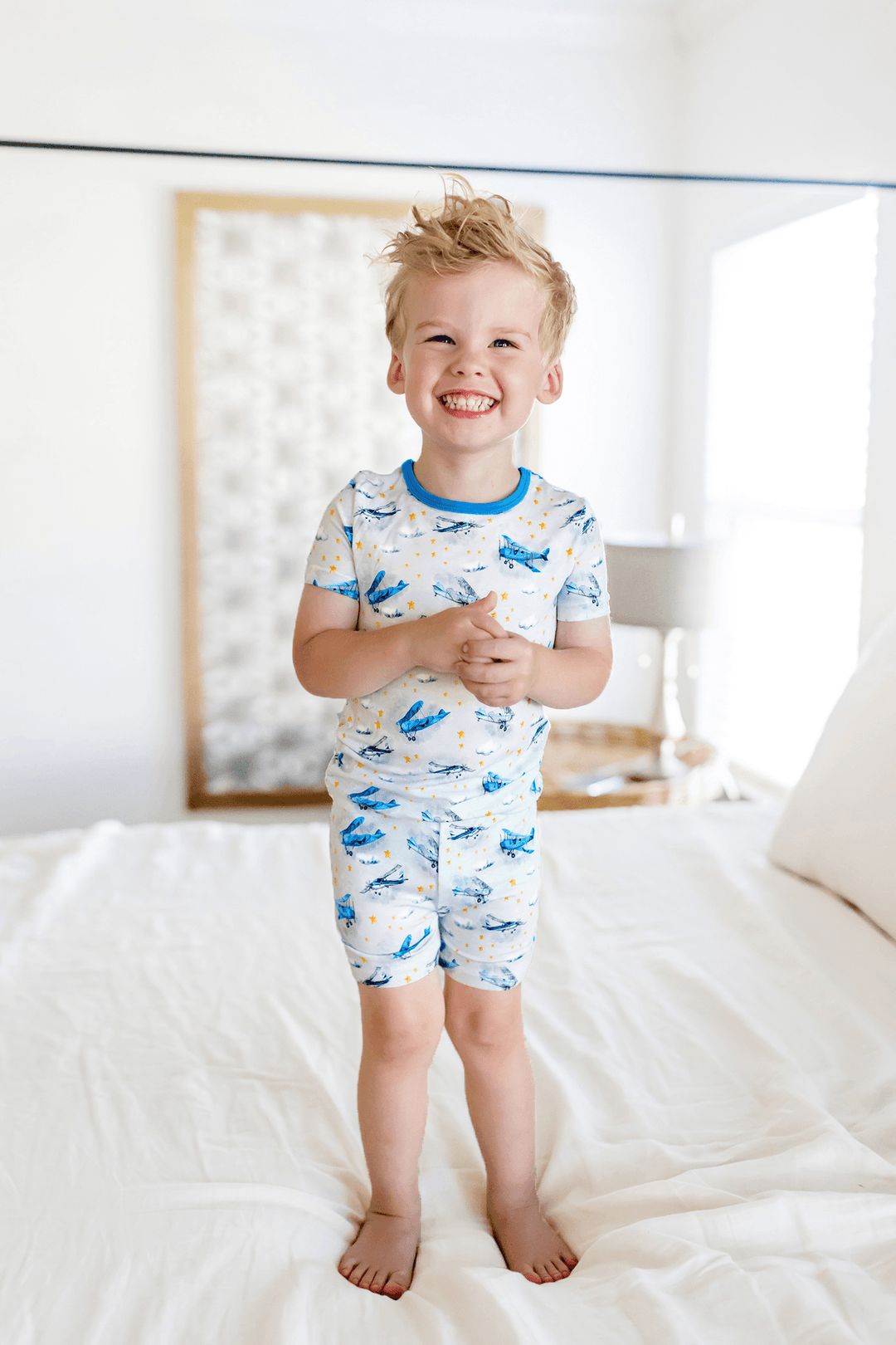 Planes Flying on Cloud 9 Short Sleeve and Shorts Pajama Set (2T-12Y)
