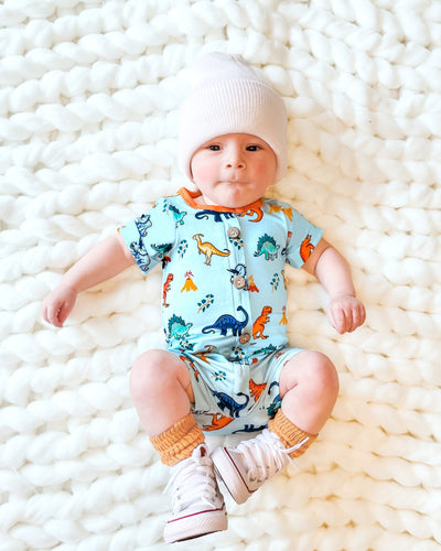 Rawr Your World Dinos & Volcanos Two-Way Zippy Romper with Faux Buttons (2T-3T) - Free Birdees