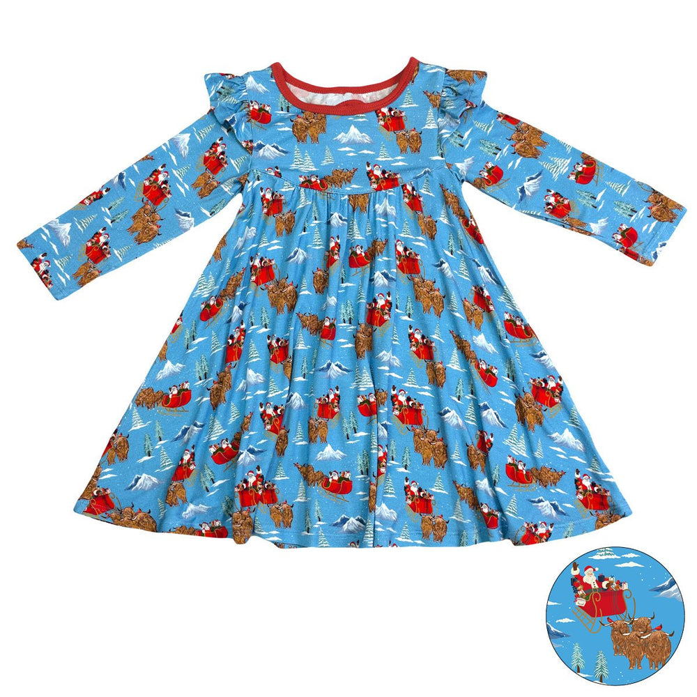 Santa & Highland Cattle Sleighs Long Sleeve Twirling Dress (2T-8Y)