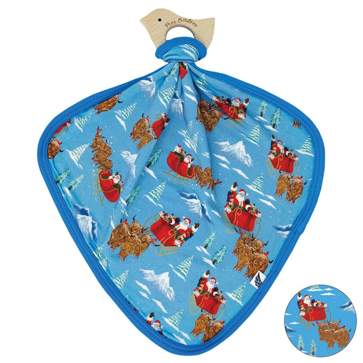 Santa & Highland Cattle Sleighs Lovey with Wooden Teether