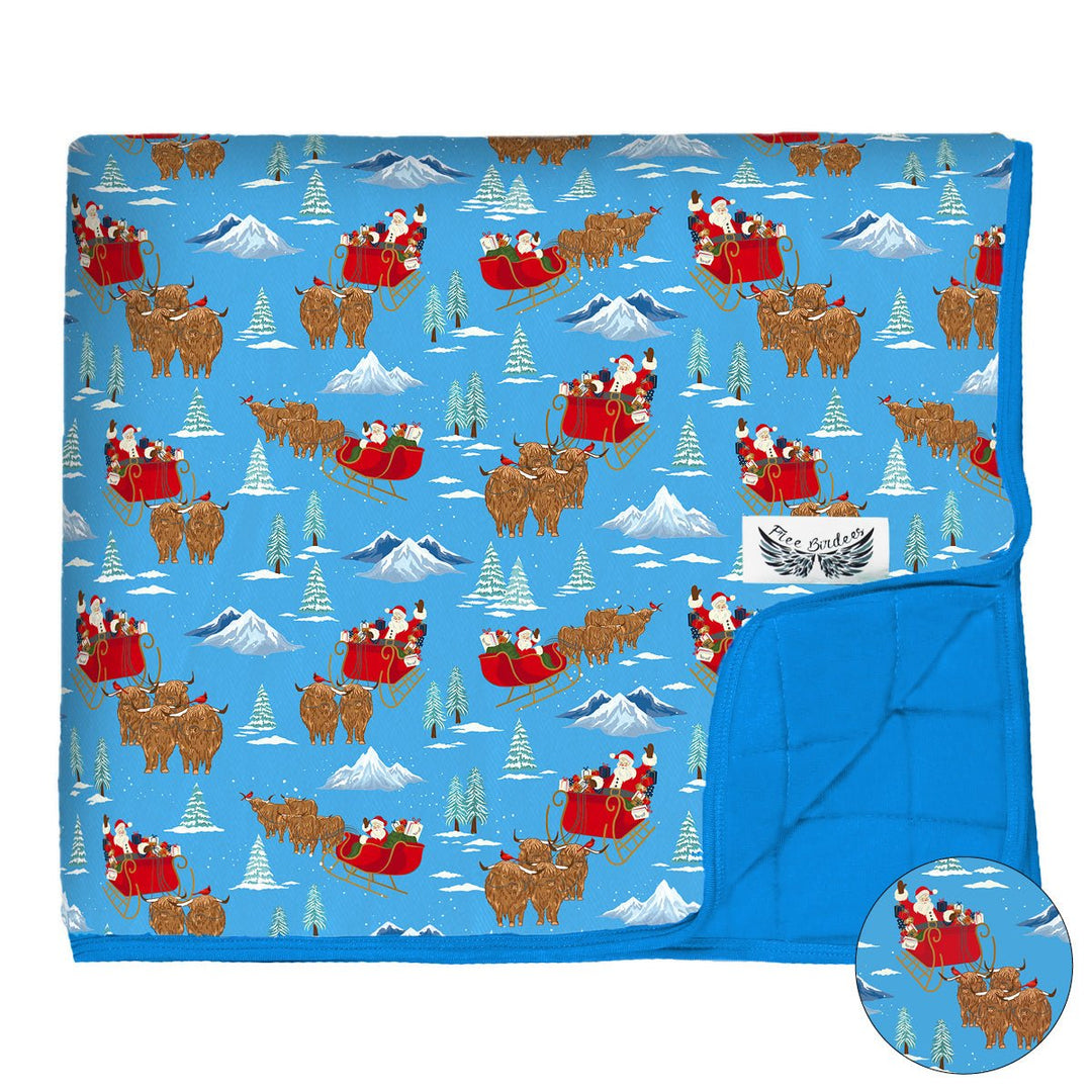 Santa & Highland Cattle Sleighs Quilted Throw Blanket