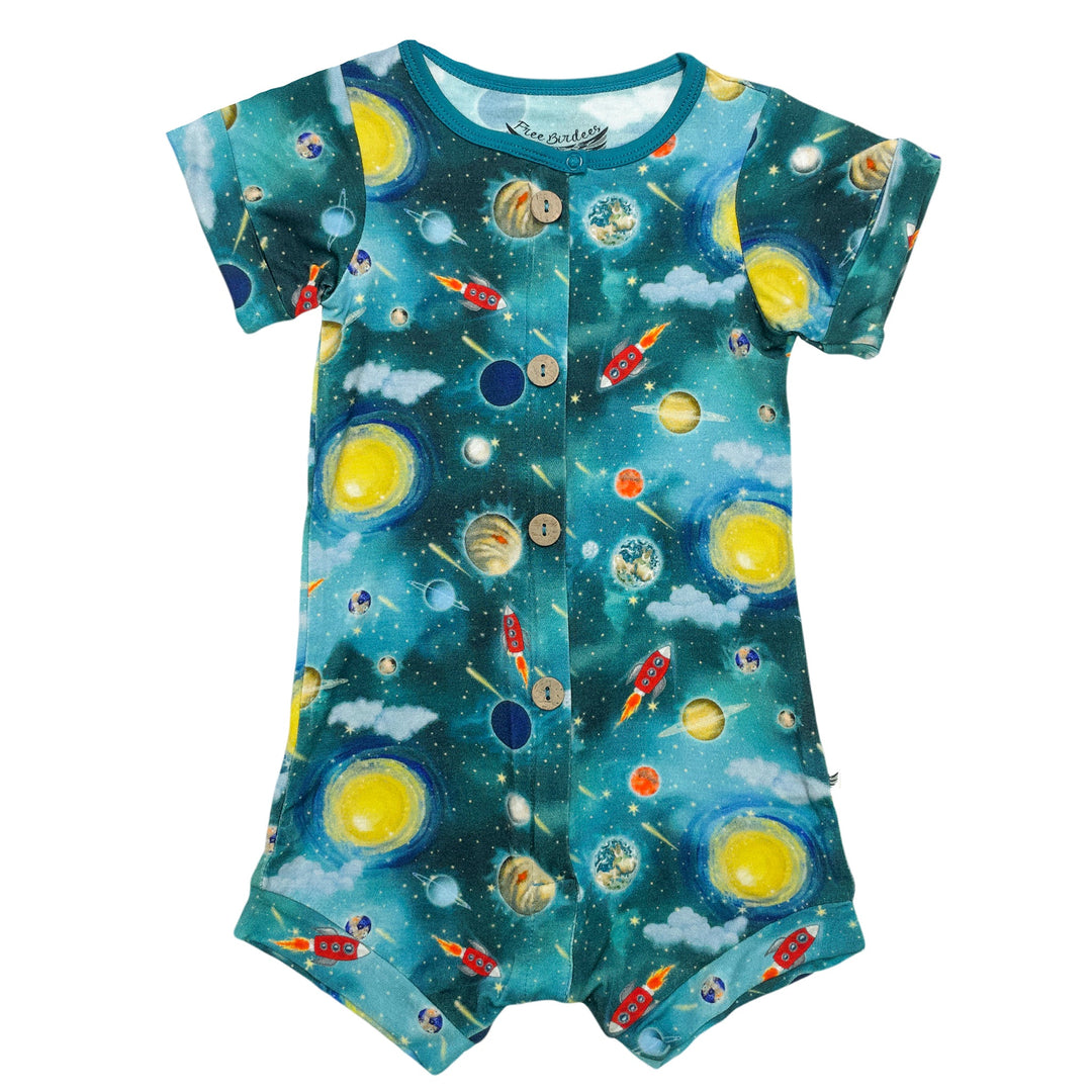 Vroom to the Planets Short Two-Way Zippy Romper with Faux Buttons (0-24m)