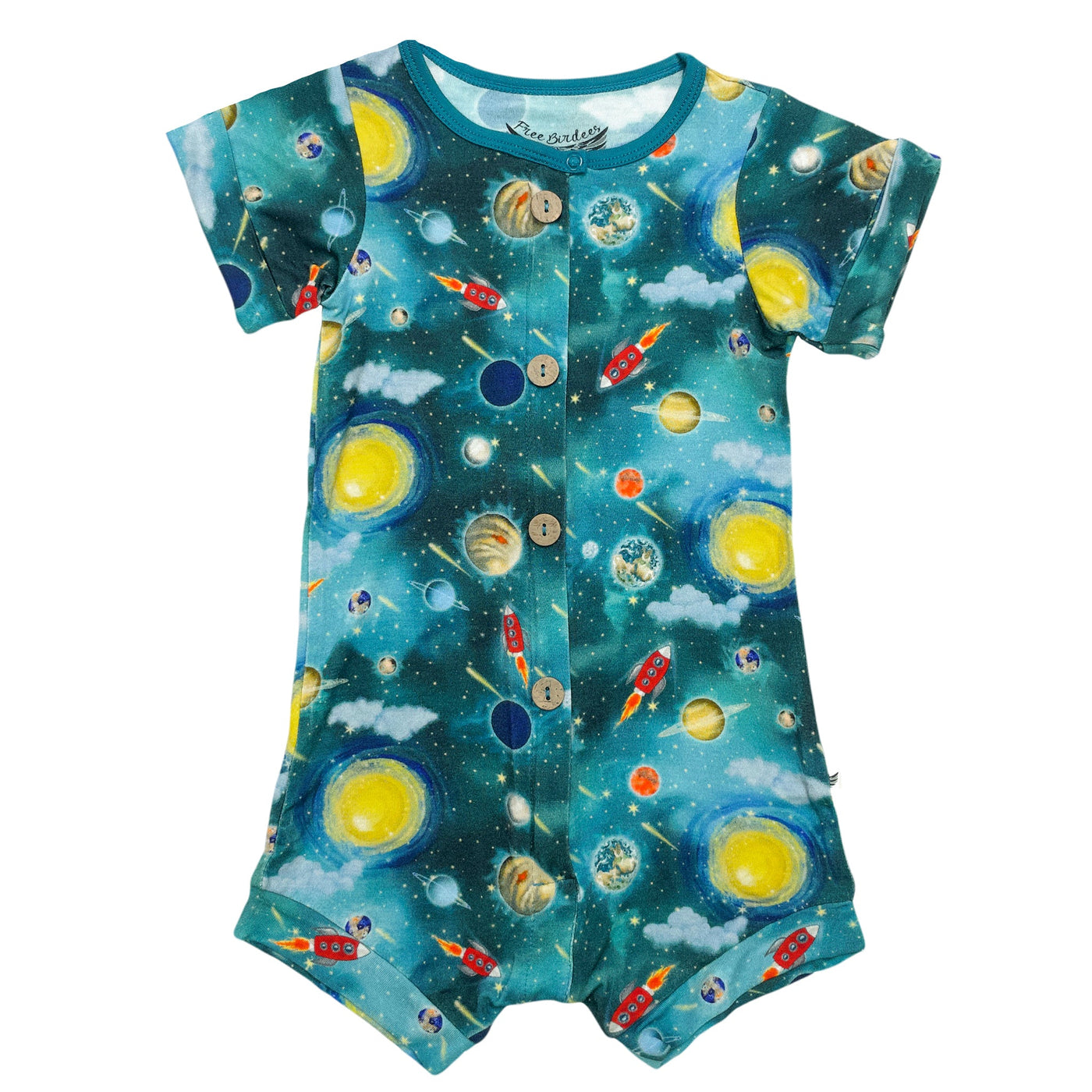 Vroom to the Planets Short Two-Way Zippy Romper with Faux Buttons (0-24m) - Free Birdees