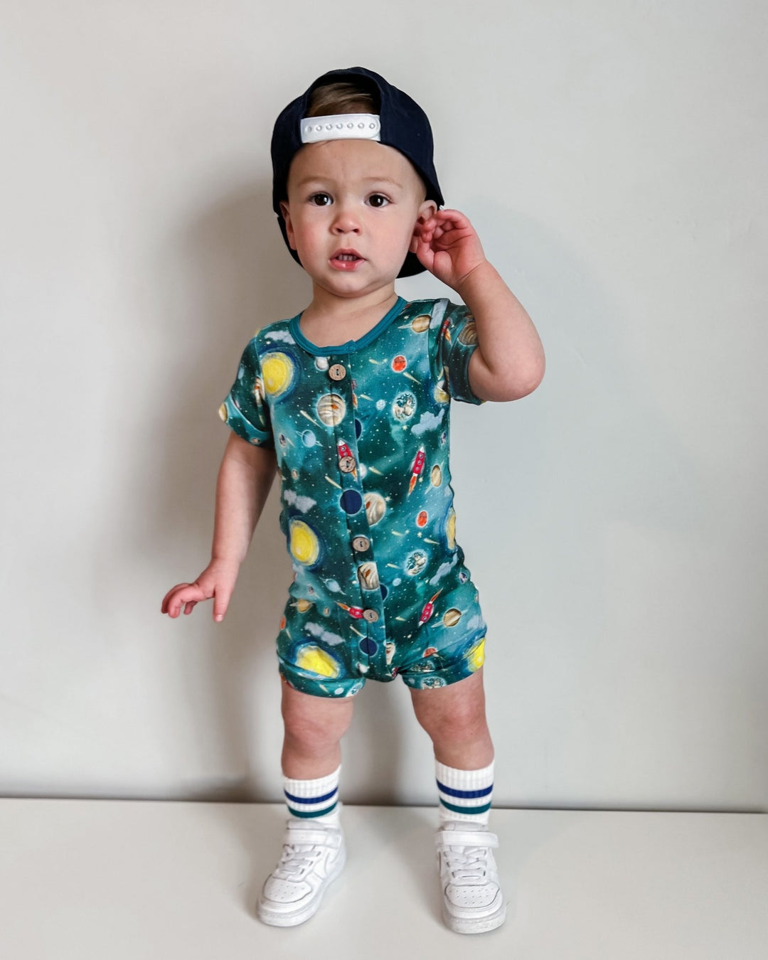 Vroom to the Planets Short Two-Way Zippy Romper with Faux Buttons (0-24m)