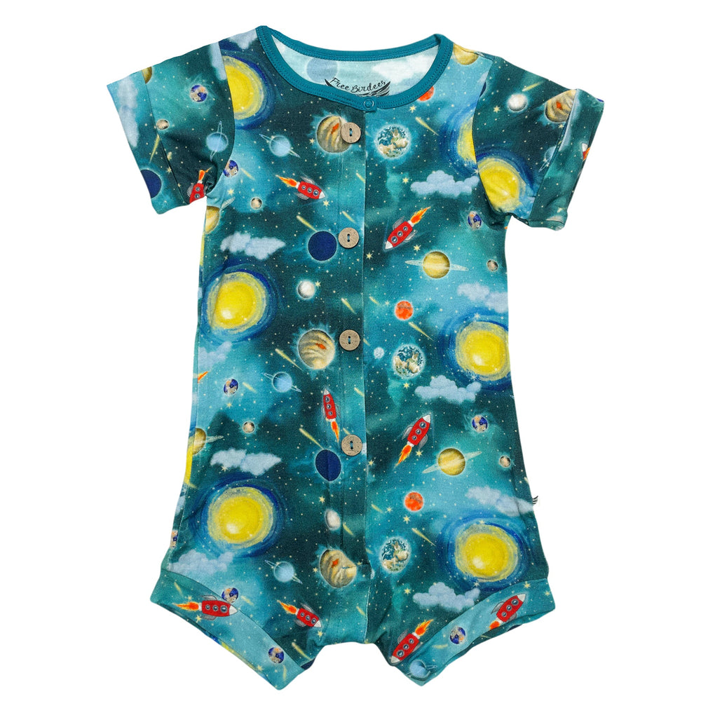 Vroom to the Planets Short Two-Way Zippy Romper with Faux Buttons (2T-3T)