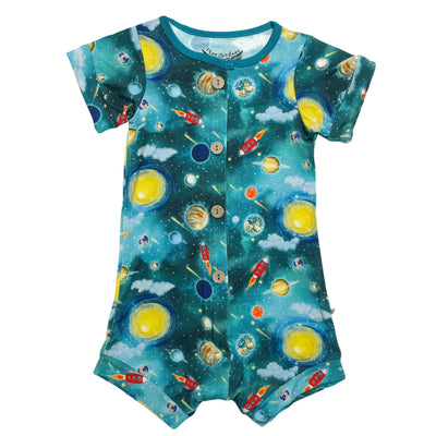 Vroom to the Planets Short Two-Way Zippy Romper with Faux Buttons (2T-3T) - Free Birdees