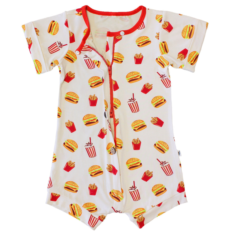 White Truffle Burgers & Fries Short Two-Way Zippy Romper with Faux Buttons (0-24m)
