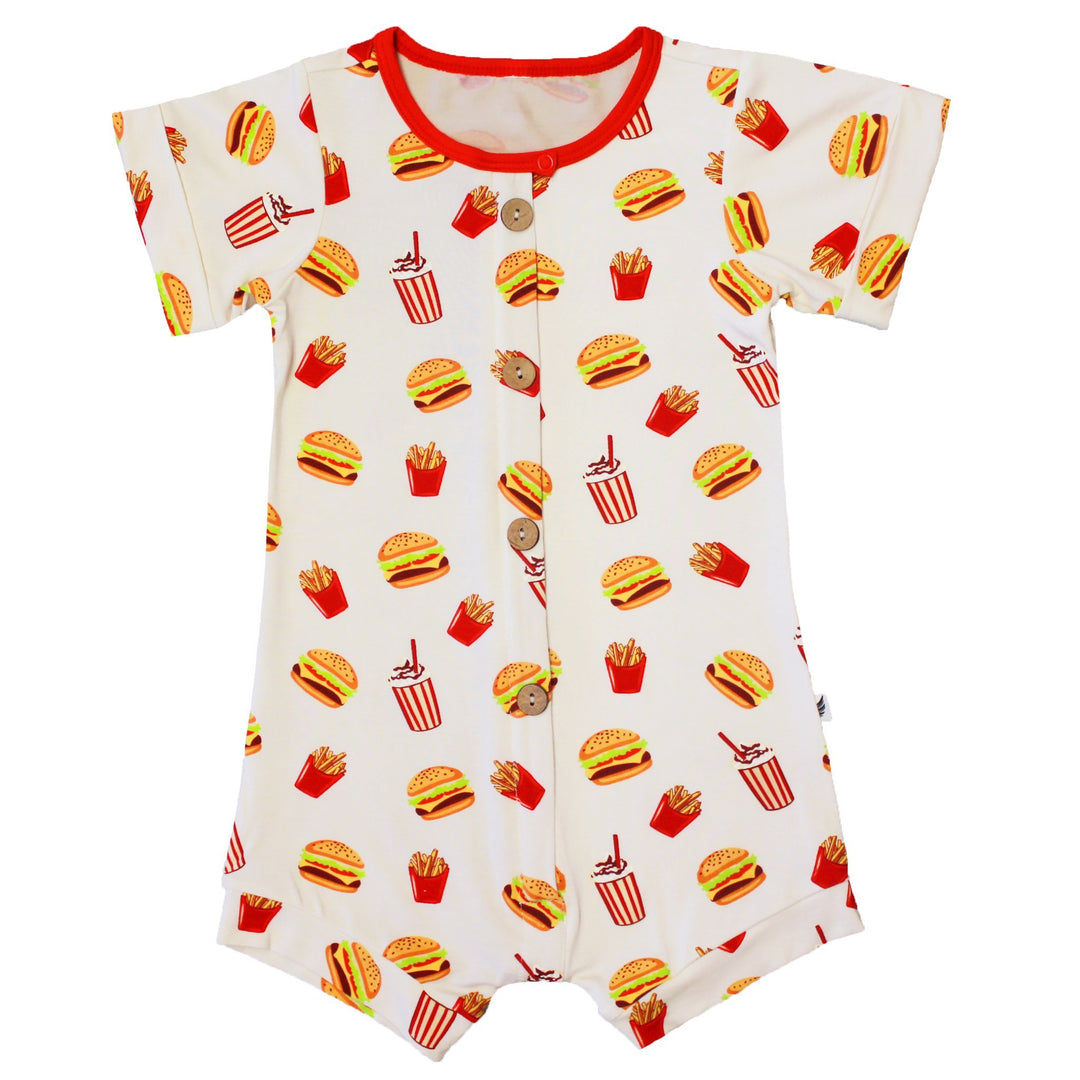 White Truffle Burgers & Fries Short Two-Way Zippy Romper with Faux Buttons (0-24m)